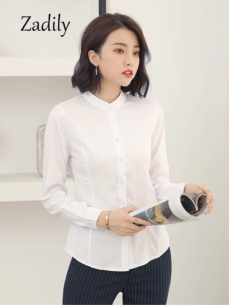 Zadily Office Lady Long Sleeve Women White Basic Shirt Blouse Stand Neck Tunic Button Up Work Female Clothing All Season Tops