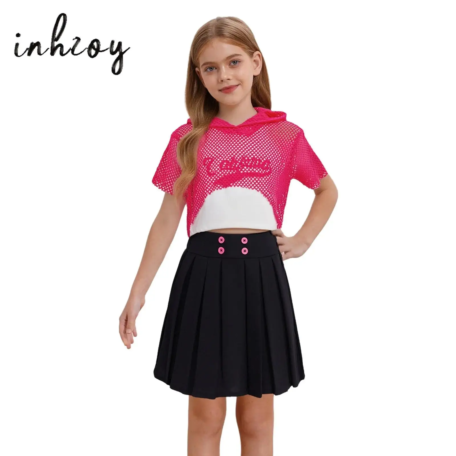 

Kids Girls Hip Hop Dance Costume 3-Piece Outfit Short Sleeve Hollow Out Mesh Hoodie+Letter Printed Vest+Pleated Skirt Streetwear