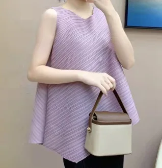 

Складные плиссированные топы нестандартной формы Miyake, женские летние новинки 2025, футболка без рукавов с круглым вырезом, свободная прессованная одежда