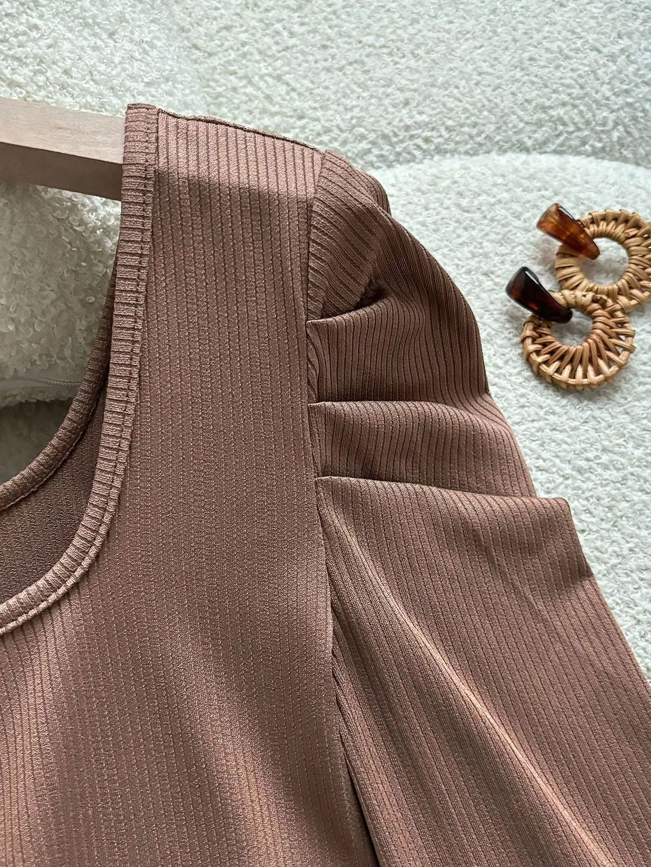 Brown Tweed Plaid Skirt & Ribbed Square Neck Top 2-Piece Set with Belt