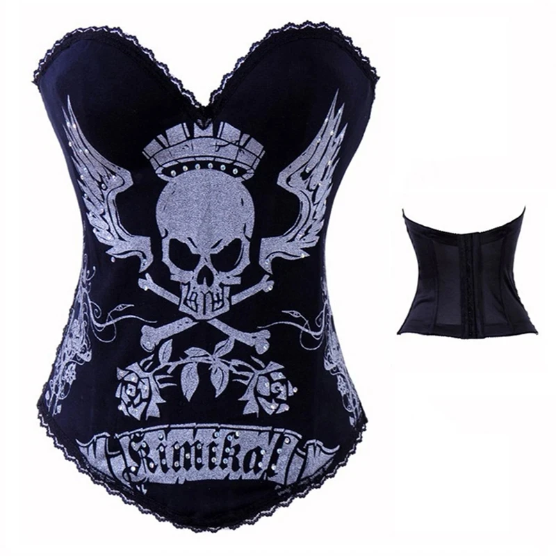 Golden Silver Skull Print Cotton Overbust Corset Waist Trainer Body Shaper Corsets Bustiers Punk Sexy Lingerie Gothic Clothing