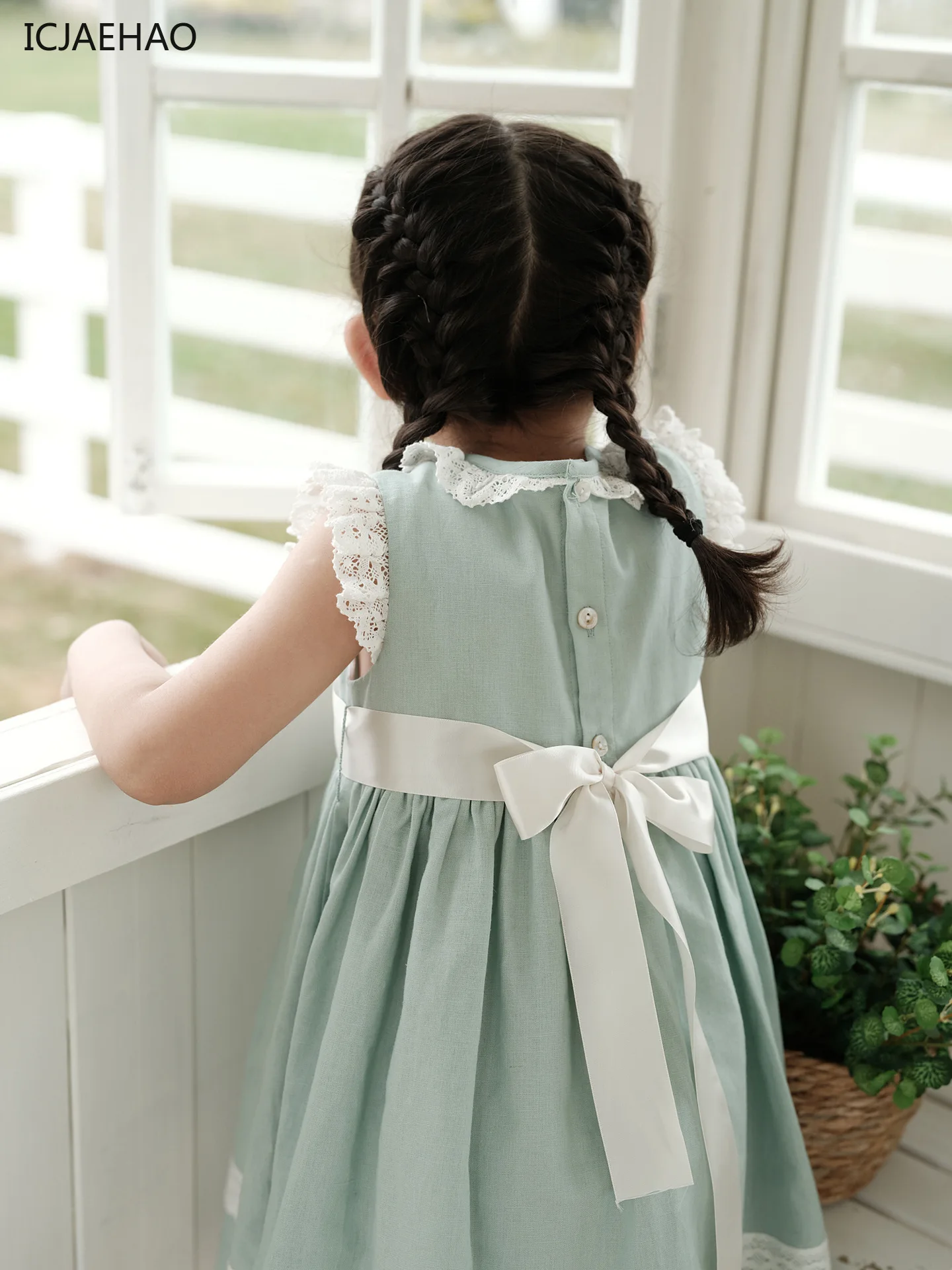 ICJAEHAO 2025 Newborns Baby Girls Summer Birthday Dresses Classy Flying Sleeves Children Green Dress Round Neck Bandage for Eid