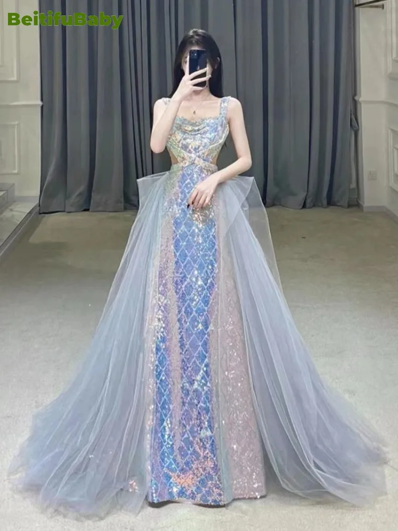 

BeitifuBaby Arabic Evening Party Dresses for Women 2024 Sequins Slim Sleeveless Lace Palace Style Women's Prom Dresses Vestidos