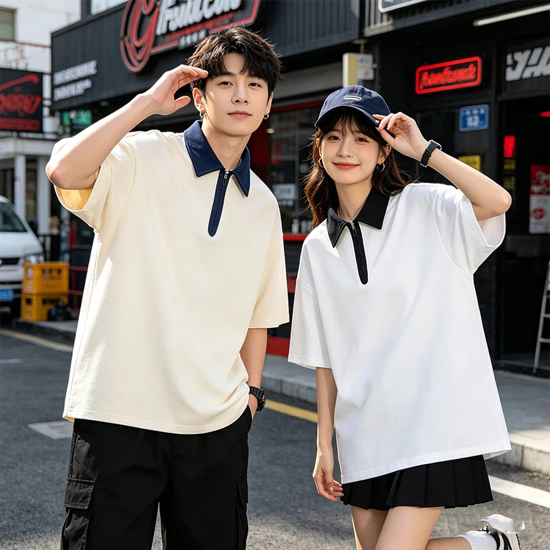Summer couple Solid Color Shirts Streetwear Sleeve Tshirts for couple Casual Lightweight Polo Shirt Short Lapel Jogging Tops ﻿