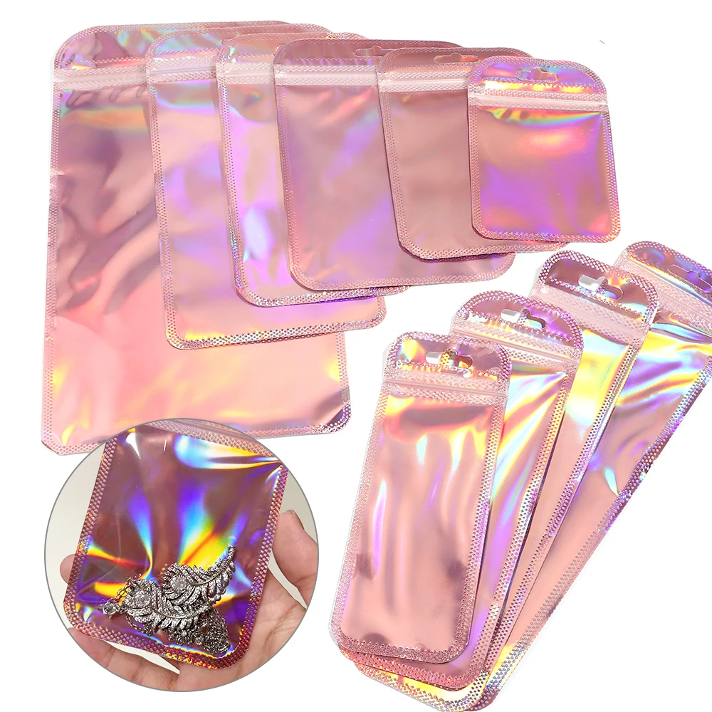 20pcs Iridescent Self Sealing Bags Pink Laser Plastic Pouches Resealable Zip Lock Packaging Manicure Jewelry Display Retail Bags
