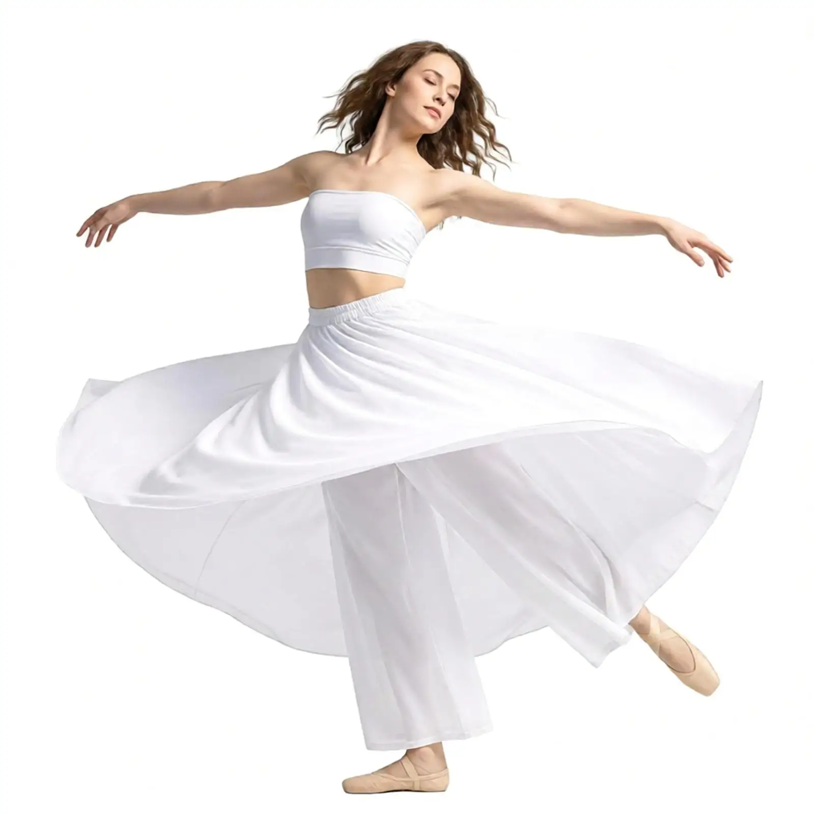 Women Chiffon Ballet Tutu Dance Skirt Wide Leg Pants Irregular Mesh Layer Ballerina Lyrical Ballet Dance Training Trousers Dress