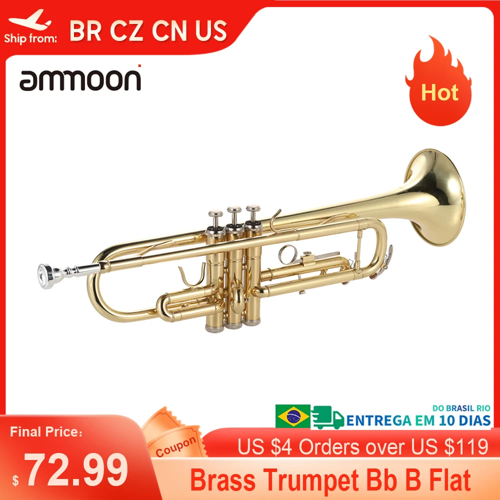 ammoon Trumpet Bb B Flat Brass Gold-painted Exquisite Durable Musical Instrument with Mouthpiece Valve Oil Gloves Strap Case