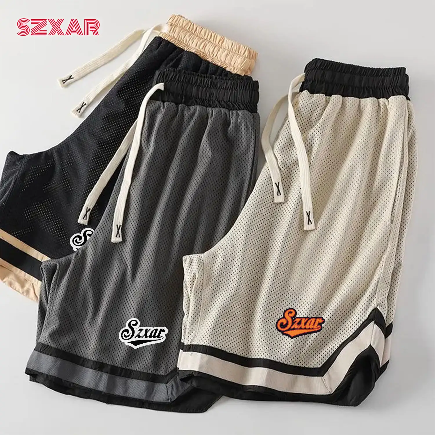 SZXAR American Mesh Breathable Basketball Shorts Men's Summer Large Size Sports Casual High Street Style Drawstring Five-Quar...