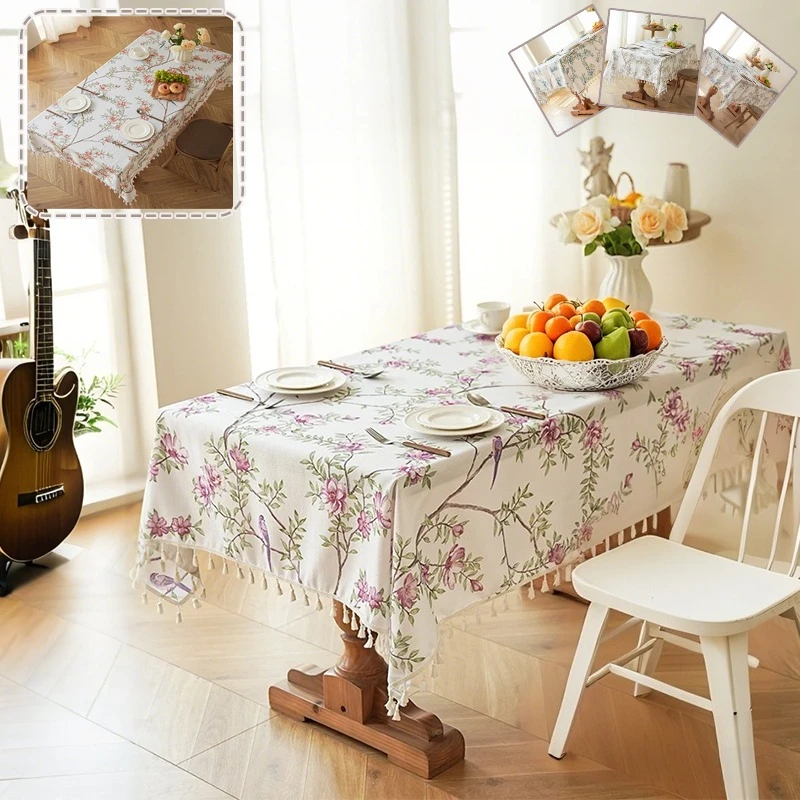 

Floral Tablecloth with Tassel Faux Linen Dining Table Tea Table Rectangle Table Cover for Kitchen Dinning Tabletop Parties Decor