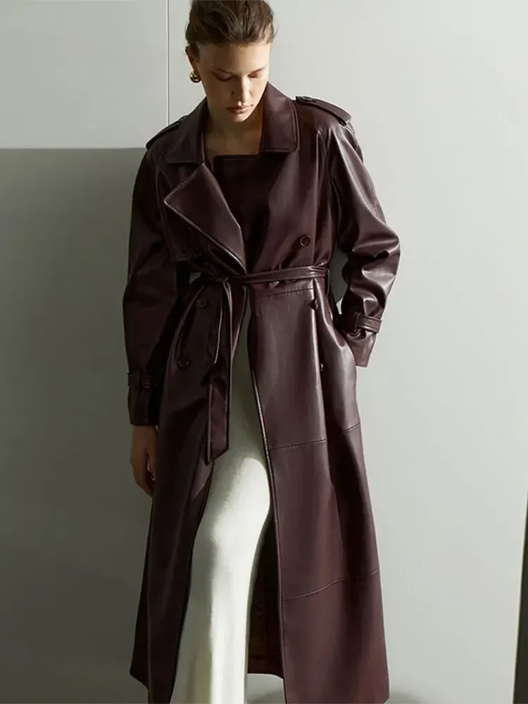 Cappotto lungo in pelle PU con cintura tascabile solida per donna Cappotto lungo con risvolto doppio petto a maniche lunghe Capispalla invernale da donna High Street