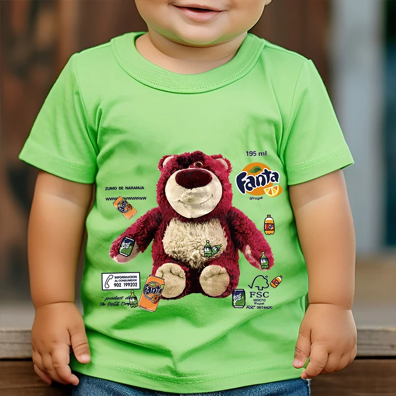 

lotso bear printed kids T-shirt summer children's cotton short-sleeved green casual top suitable for boys and girls