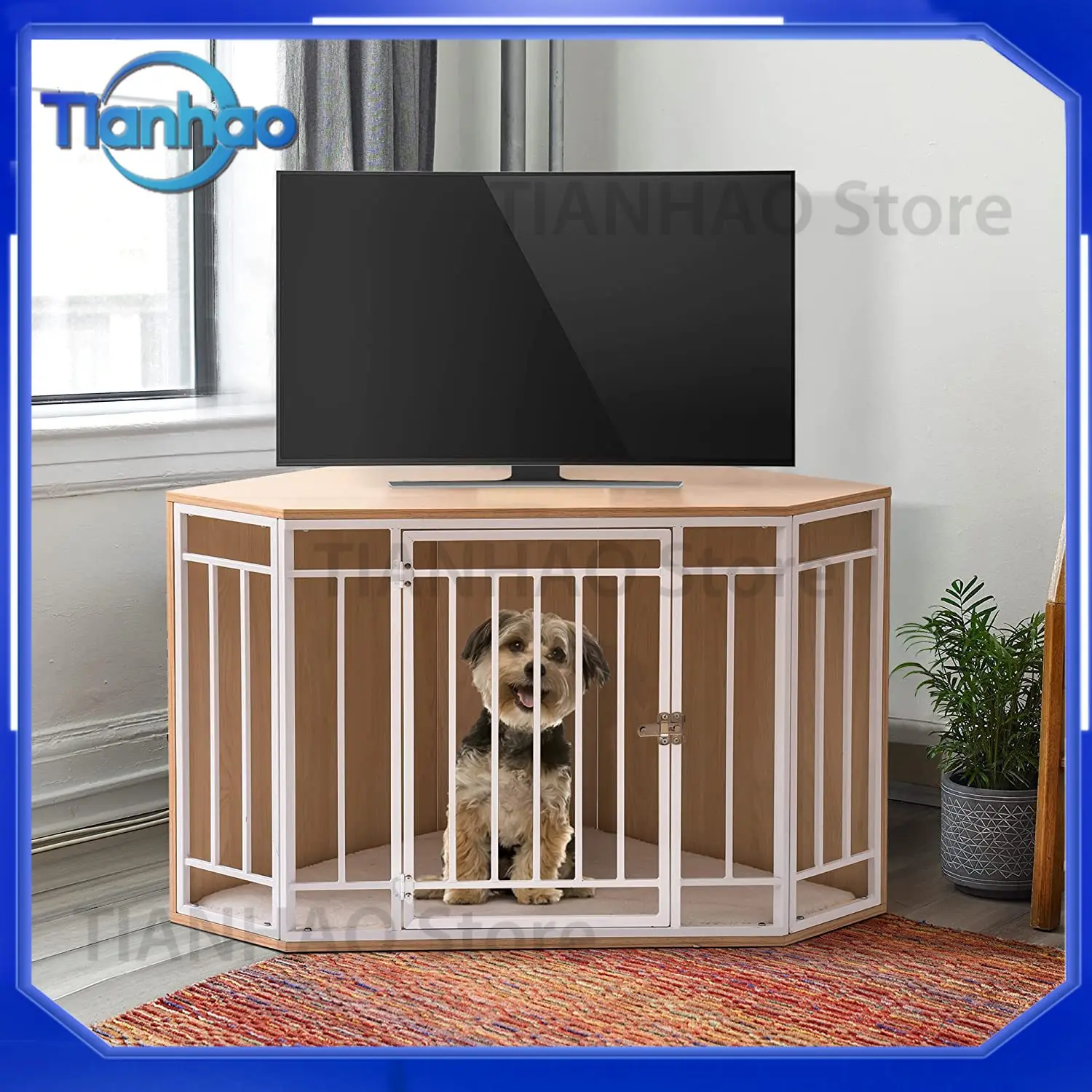 Practical Corner Dog Crate with Steel and Wood Structure for Small and Medium Dogs Indoor Use Wooden Dog House for Dogs