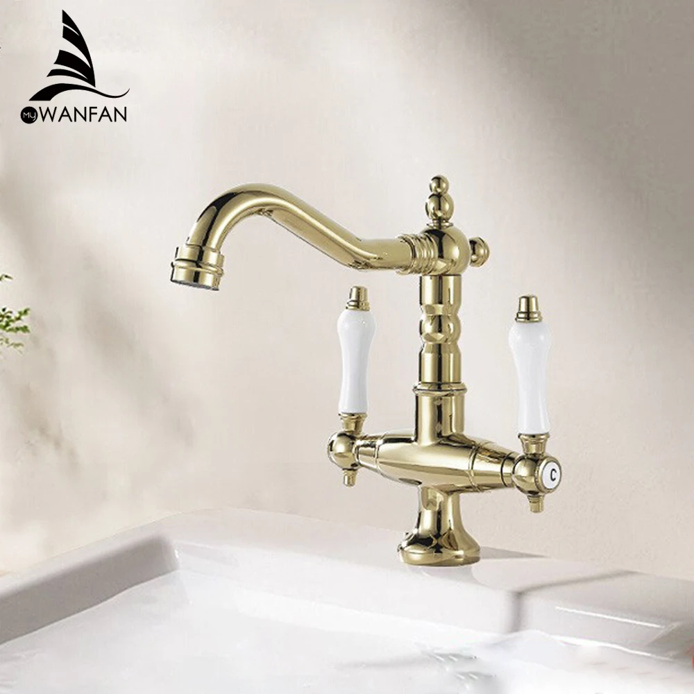 Basin Faucets Gold Brass Bathroom Faucets Industrial Style Sindle Hole Dual Handle Contemporary Water Mixer Tap  85537