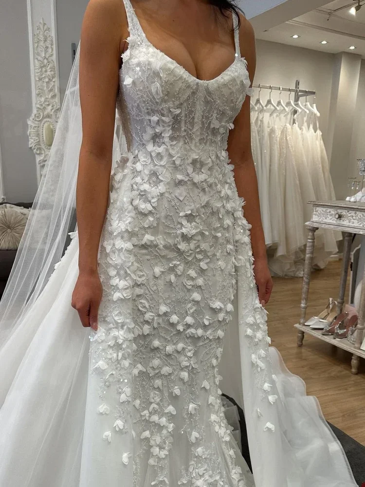 Customized Spaghetti Strap 3D Florals Appliques Wedding Dress with Removable Skirt   Vestido De Casament Modest Bridal Gowns