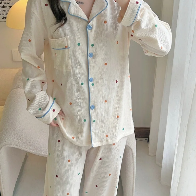 Autumn Wave-point Love Pajamas Set Women's Home Clothes Spring Cardigan Long Sleeve Trousers Sets Two-piece Pyjama Pour Femme