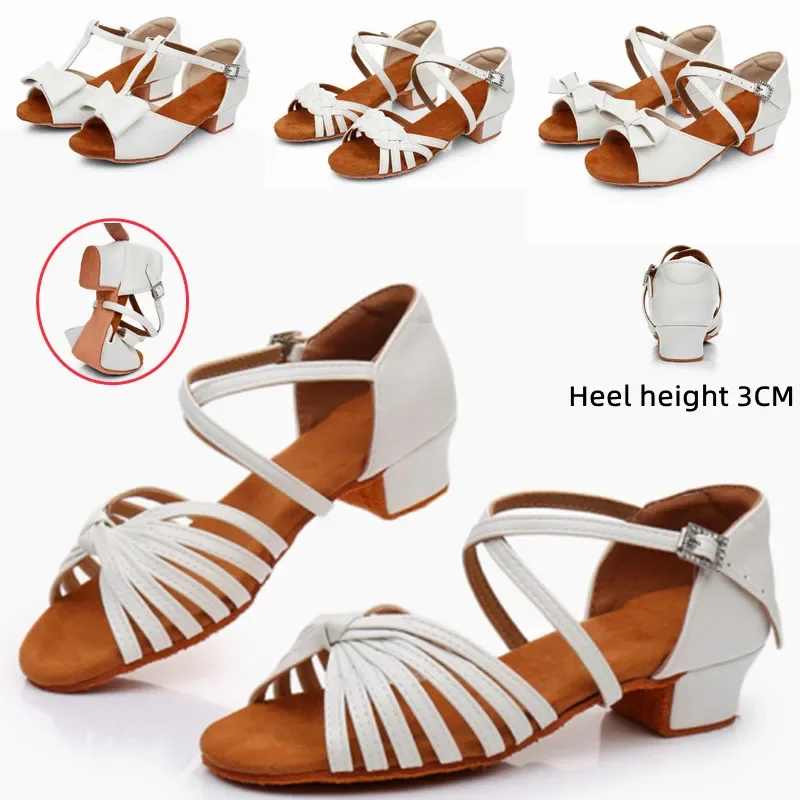 New White Leather Girl Ballroom Dance Shoes Children Low Heel Ladies Women Latin Dance Shoes Kids Professional Dancing Shoes