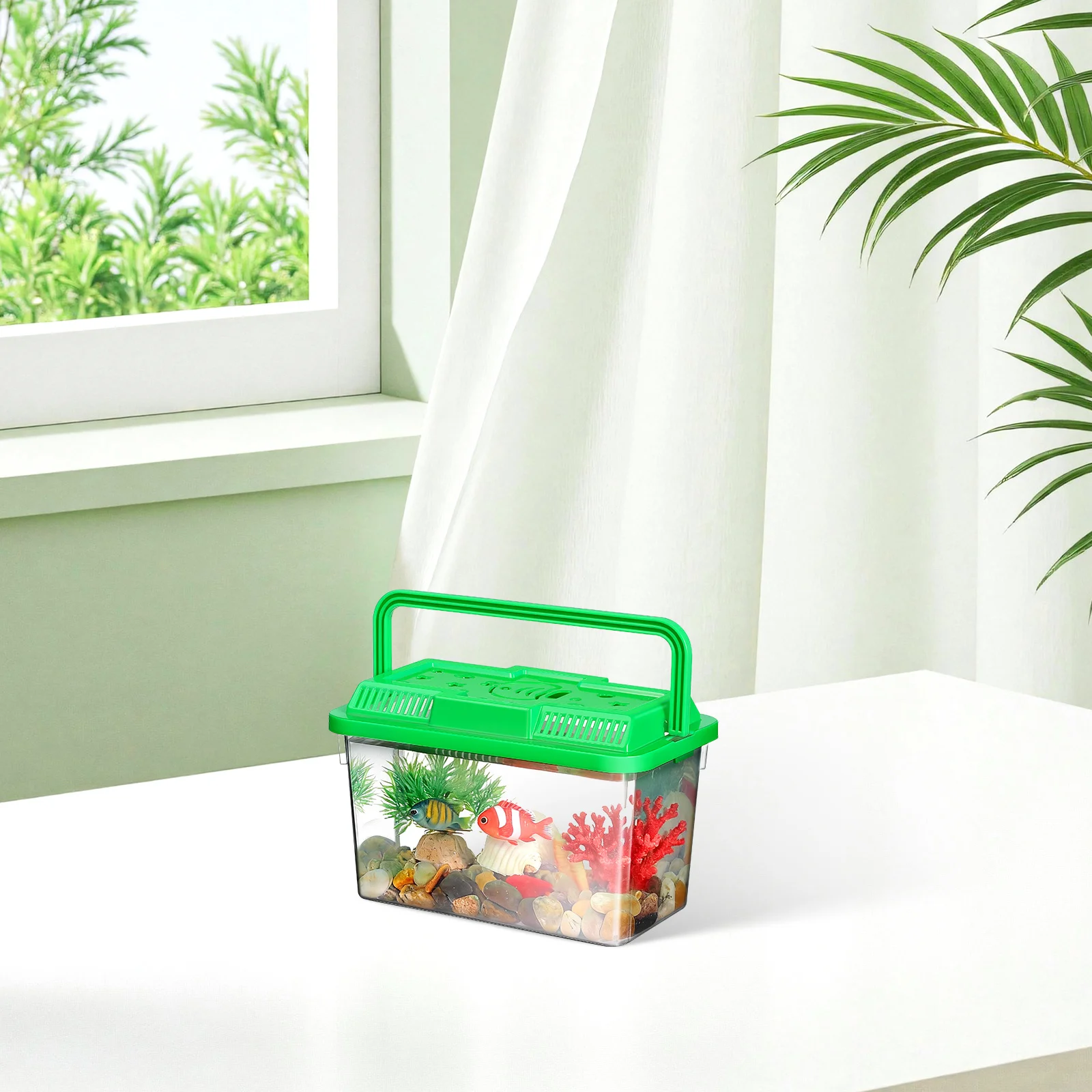 1 خزان الأسماك المحمولة واضح حوض السمك الصغير للسلحفاة الصغيرة الهامستر بيتا الأسماك الزواحف تررم صندوق نقل الحيوانات الأليفة الشفاف