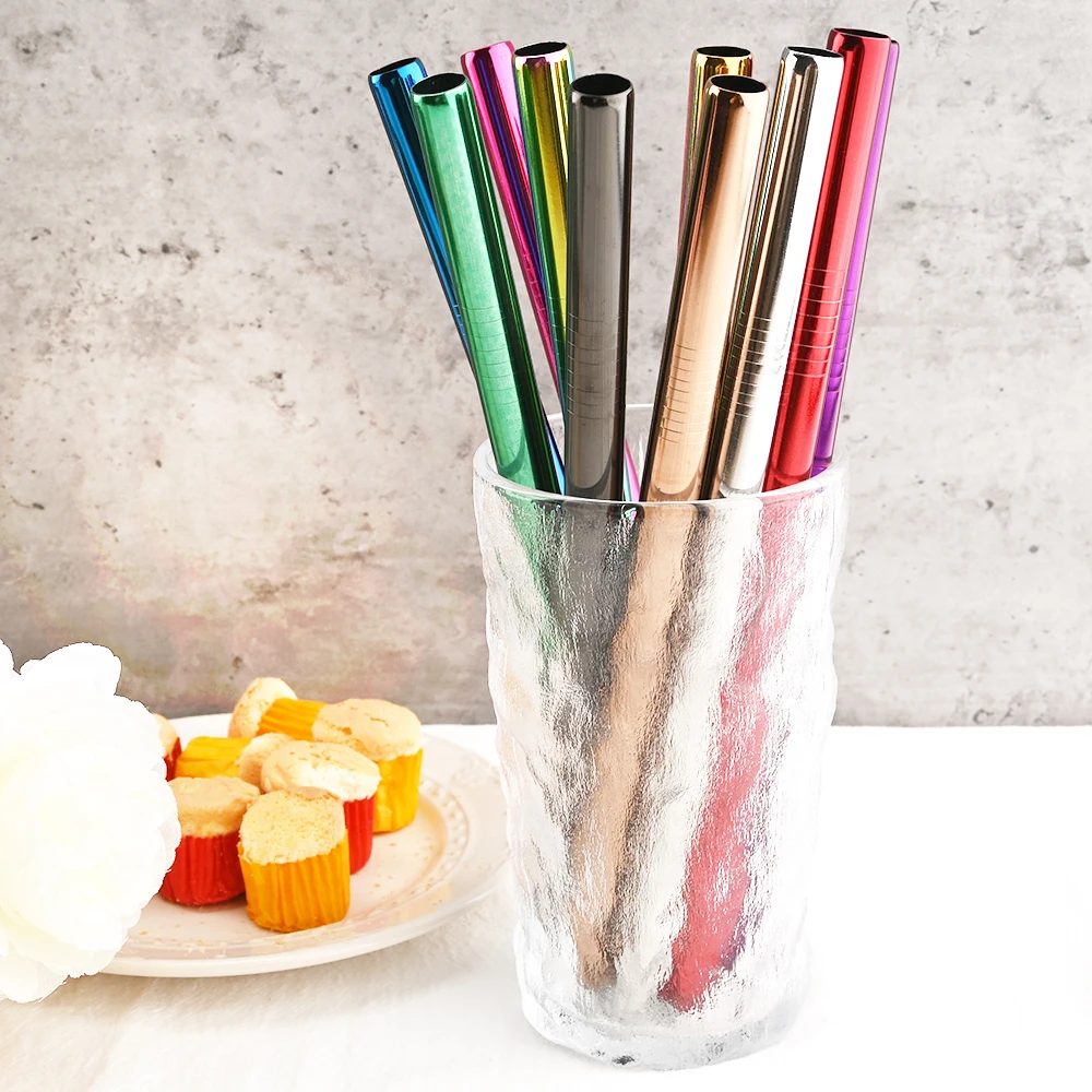 Metall-Strohhalm aus Edelstahl 304, gerade gebogen, buntes, wiederverwendbares Stroh-Set mit Etui, Reinigungsbürste, Bar-Zubehör – Detail 1
