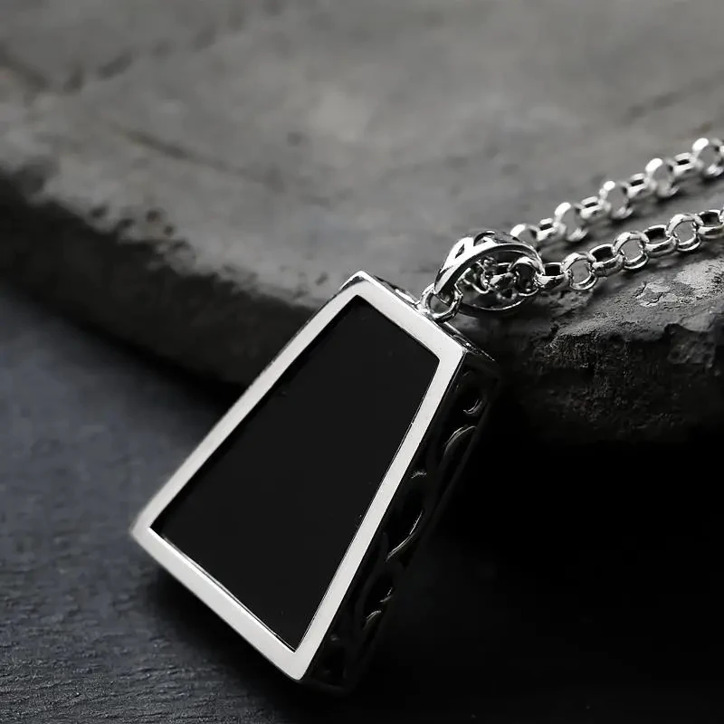 Original design geometric black agate pendant necklace retro domineering creative men and women charm brand silver jewelry