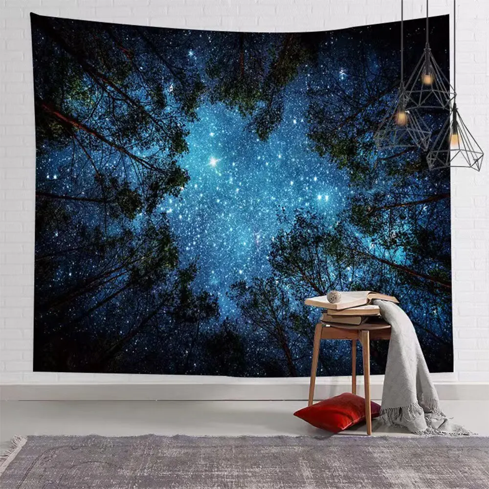 1 Piece Blue Forest Night View Starry Sky Living Room Bedroom Background Decoration Minimalist Style Home Forest Style Tapestry