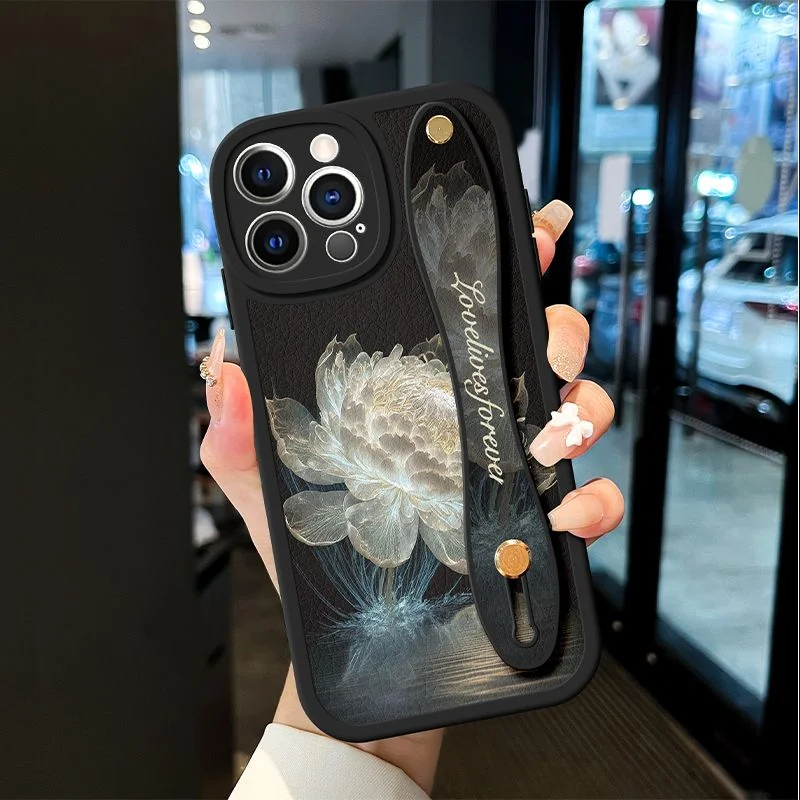 

Artistic Epiphyllum Flower phone case for iPhone 16 15Pro 14 13 12 11 Pro Max Wristband case Luxury Liquid Silicone cover