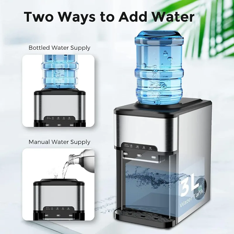 Ice Maker Machine Countertop, 3 in 1 Portable Ice Maker with Hot/Cold Water Dispenser, 12 Cubes in 7 Mins Stainless Steel