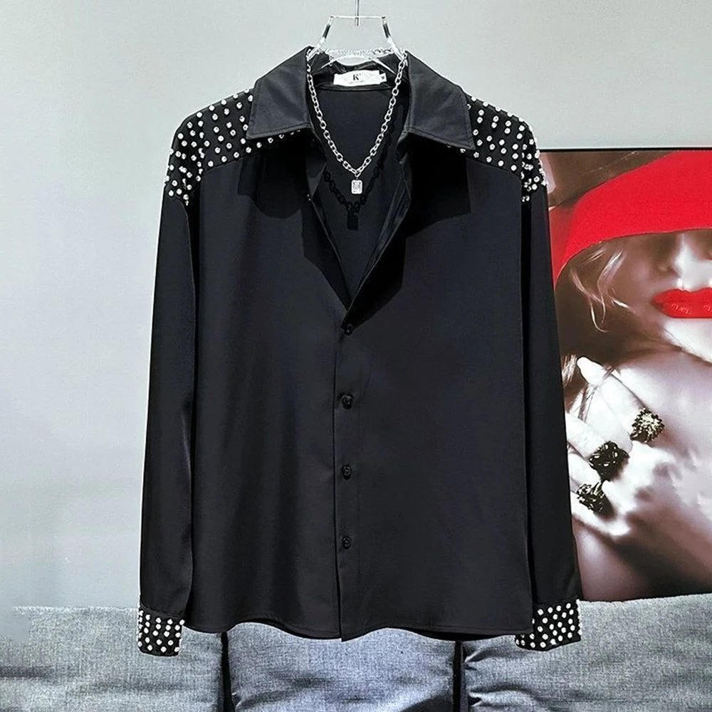 2025 Spring Korean Fashion Party Personality Loose Handsome Men Shirt Simple Non-Iron Trend Metal Rivet Decoration Y2k Shirt Men