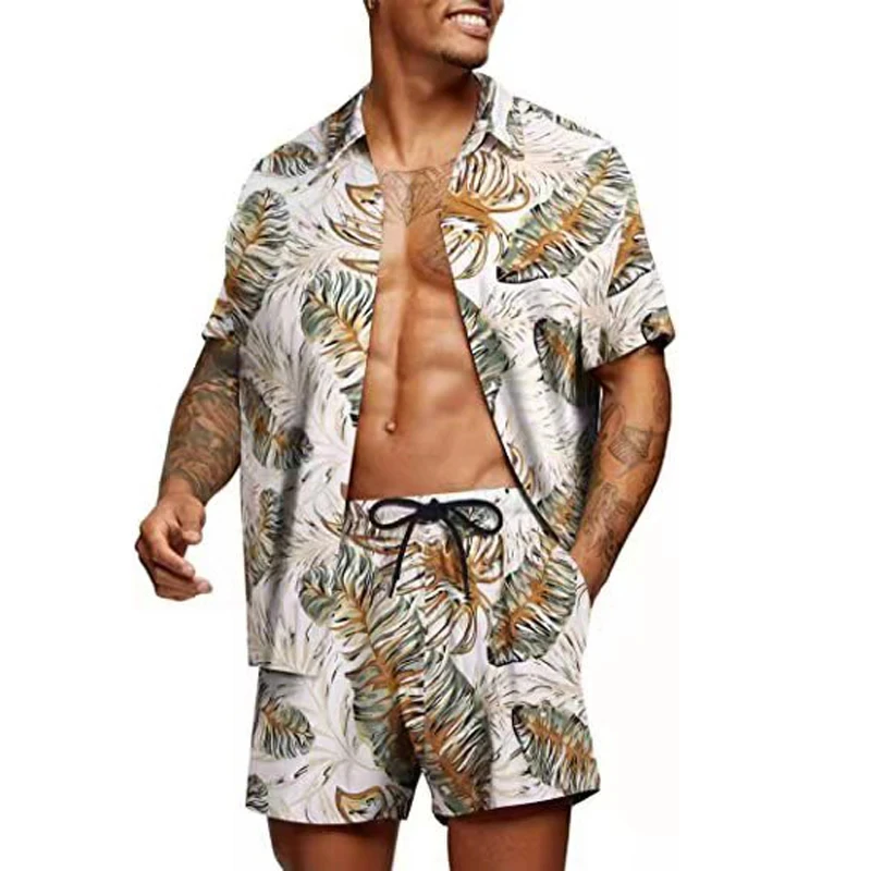 2-piece shirt dress men\'s fashion shirt+shorts 3D two-piece shirt Hawaii beach shirt set boys vacation