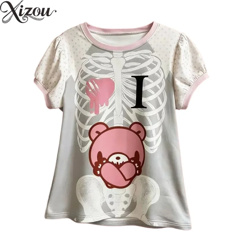 Women White Pink Skeleton Bear Print Crew Neck Short Sleeve T Shirt Kawaii Japanese Sweet Harajuku Cute Casual Summer Top 2026