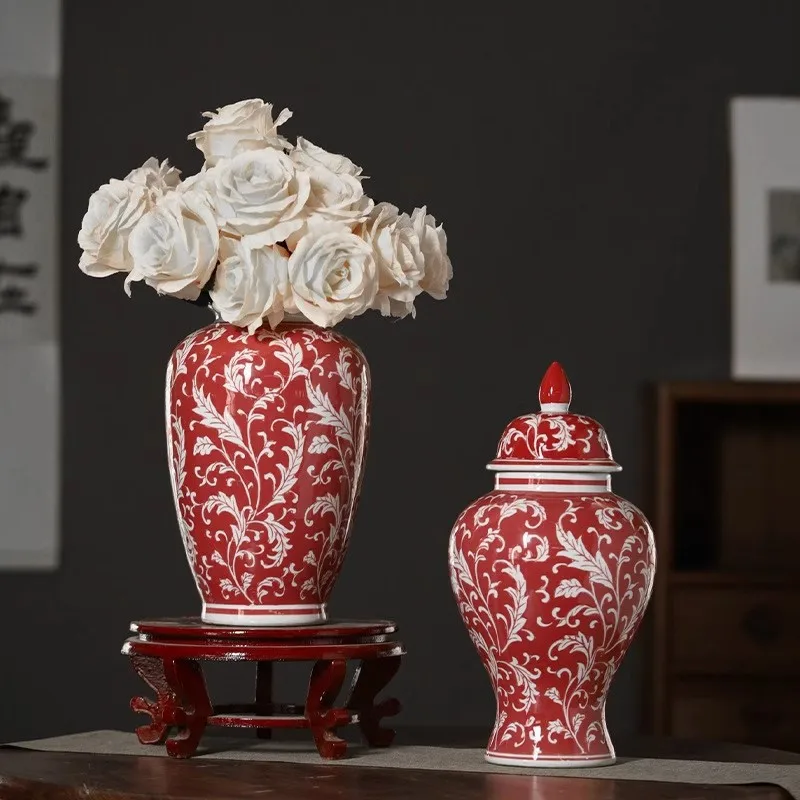 

New Chinese style flower blooming rich hand-painted red ceramic vase tea room hydroponic flower arrangement device