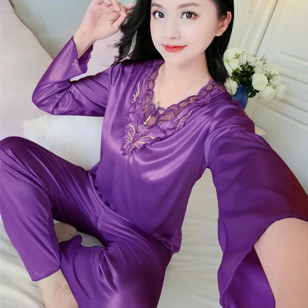 

Women Pajama Set Two-piece Home Loungewear Silky Satin Lace Embroidery Pajamas Set V Neck Top Elastic Waist Pants Soft for Women