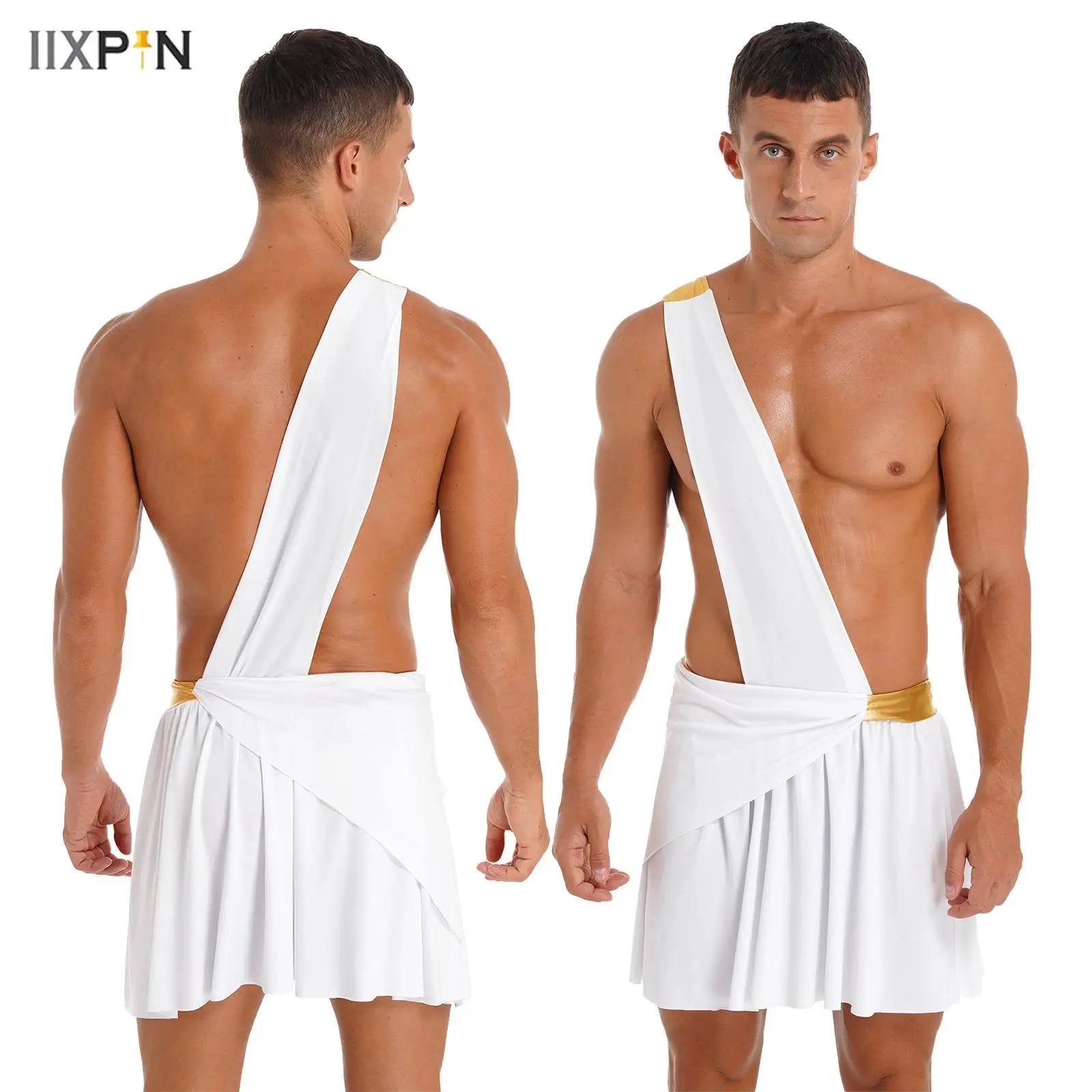 

Halloween Ancient Greek Warrior Cosplay Costume Mens One Shoulder Strap Contrast Color Ruffle Skirt Carnival Theme Party Wear