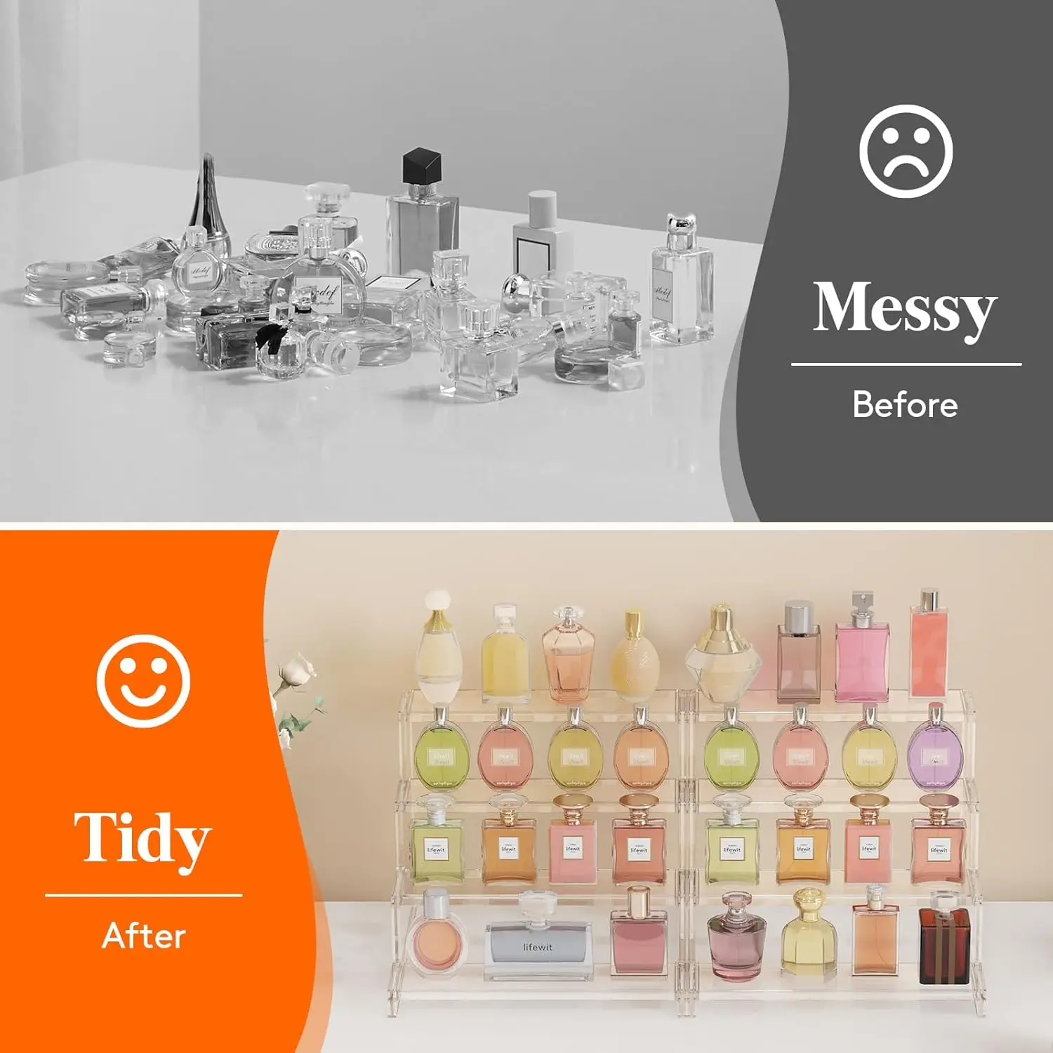 4-Tier Clear Plastic Display Riser, Tool-Free Assembly for Perfume and Cosmetics Storage, 12-Inch Size, 3-Piece Set