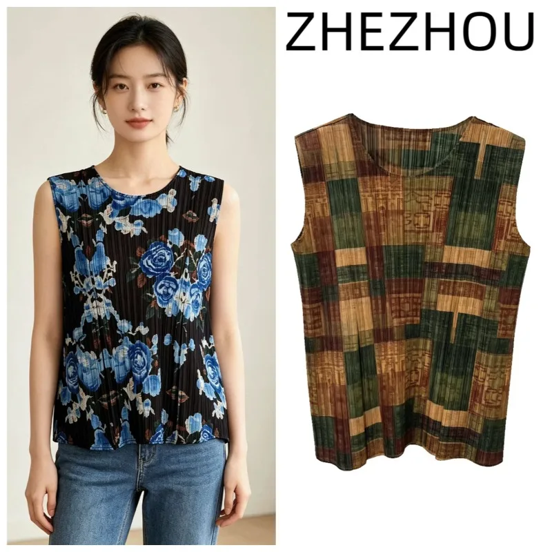 Miyake Pleated T-Shirt 2026 Summer New Print Sleeveless Vest Women Retro Round Neck Loose Top Plaid Floral Versatile Base Shirt
