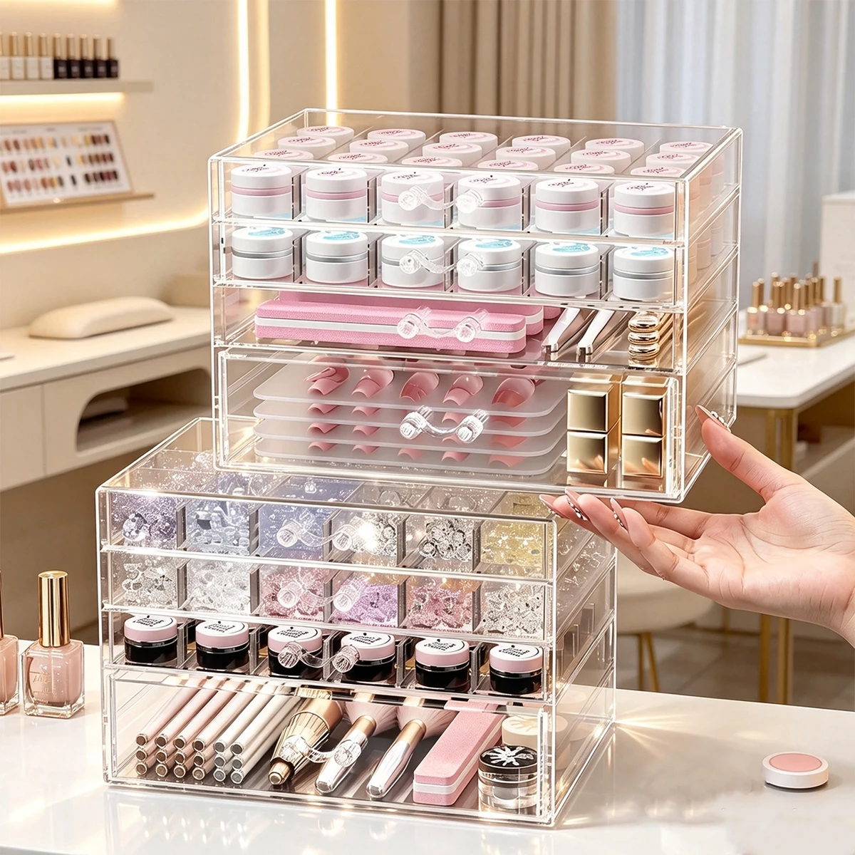 1pc Stackable 4layer Drawer Acrylic Transparent Nail Diamond Storage Box Adjustable Jewelry Multi Grid Display Box