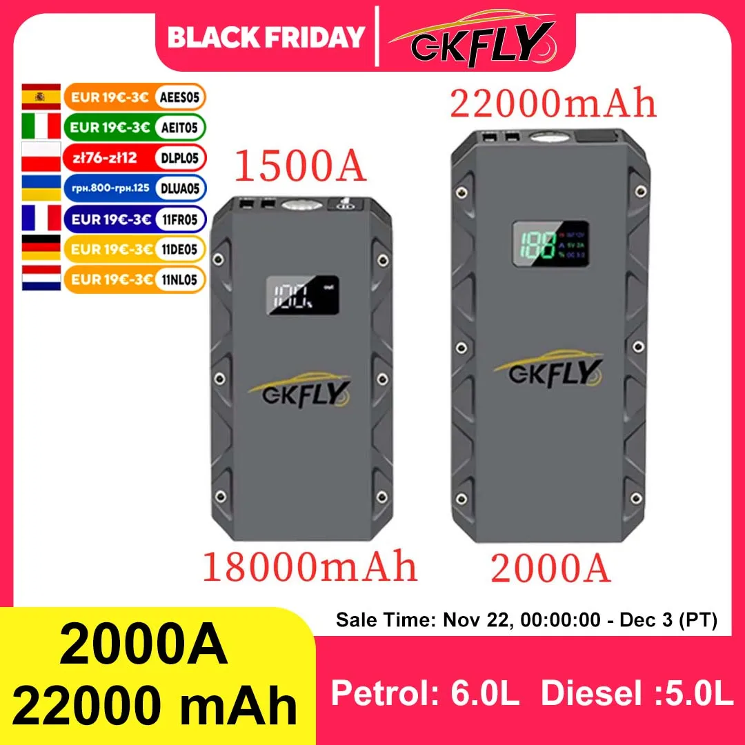 GKFLY 1500A 2000A Car Jump Starter Power Bank Portable 12V Starting Device Power Car Battery Booster Buster for 6.0L 5.0L