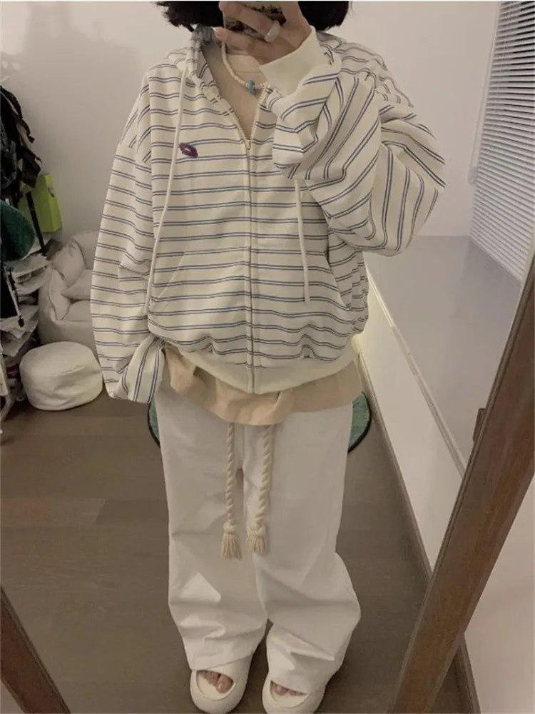 Deeptown Vintage Striped Sweatshirts Women Oversized Casual Korean Style White Zipper Hoodies Harajuku Fashion Hooded Sweatshirt