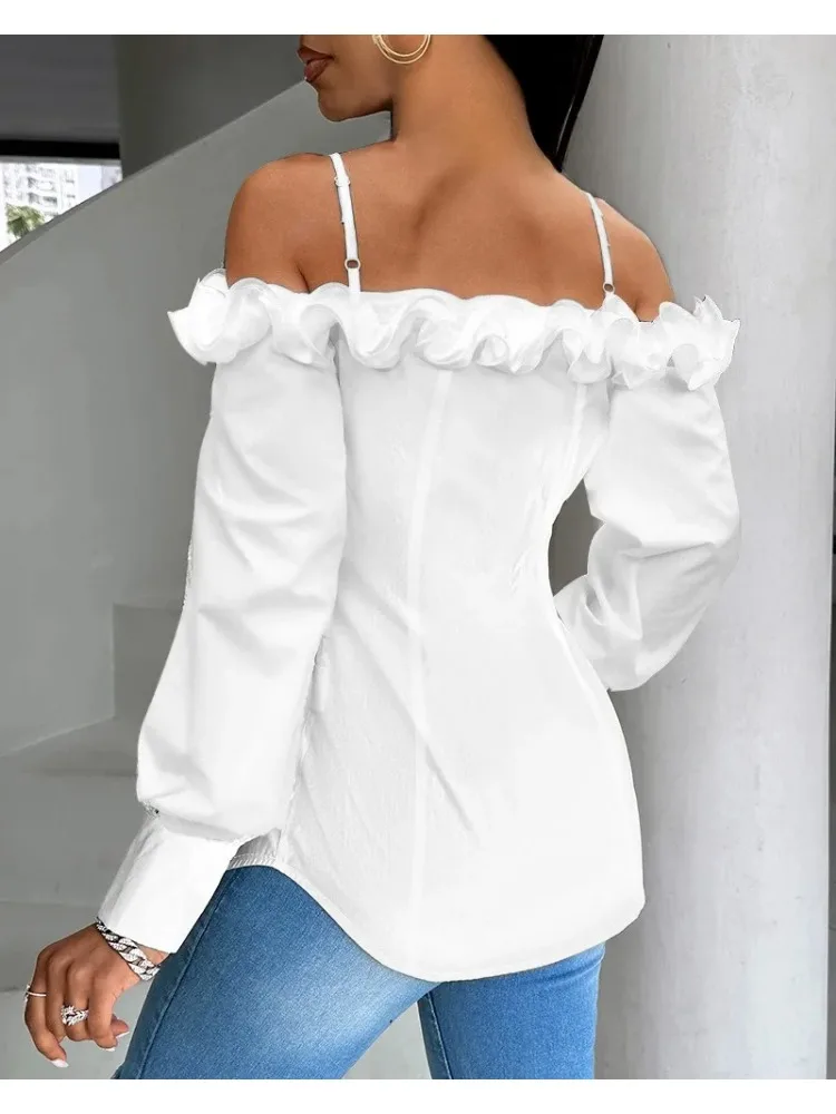 Sexy Ruffle Design Blouses & Shirt for Women Tops Summer Casual Buttoned Off Shoulder Top Elegant Woman Clothing Trend 2024