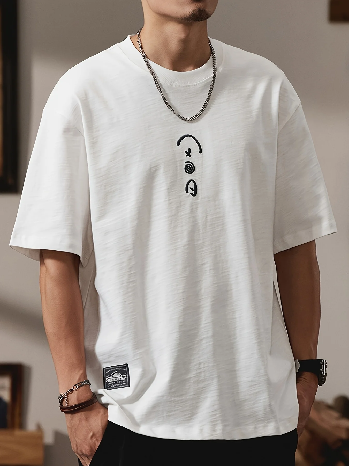 Men Cotton T-Shirt with Music Note Headphone Graphic Chest Print Breathable Summer Casual Round Neck Long Sleeve