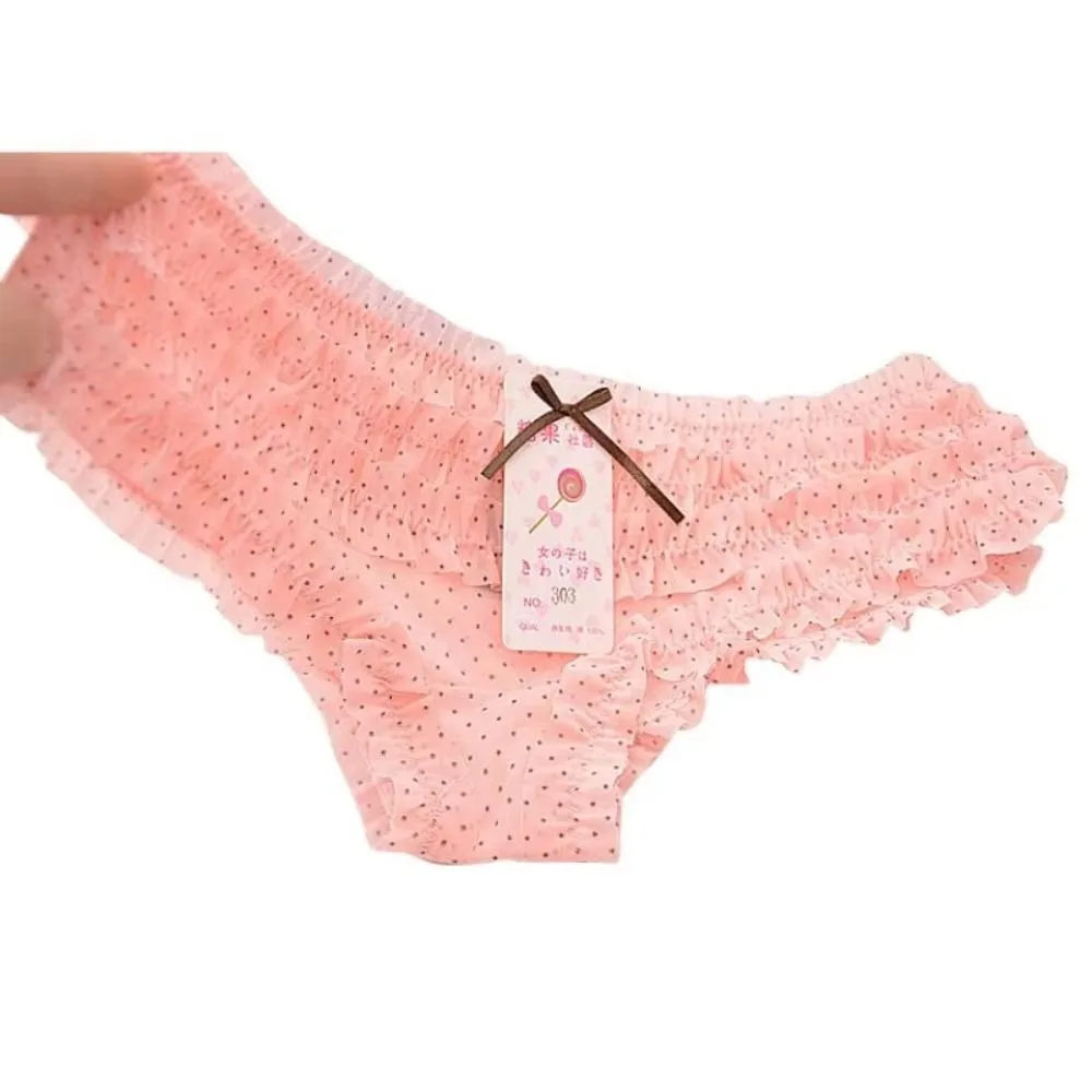 

Comfortable Cute Women Panties Sweet Lace Ruffles Low Waist Briefs Printed Polka Dot Bow Mesh Female Underwear Ladies