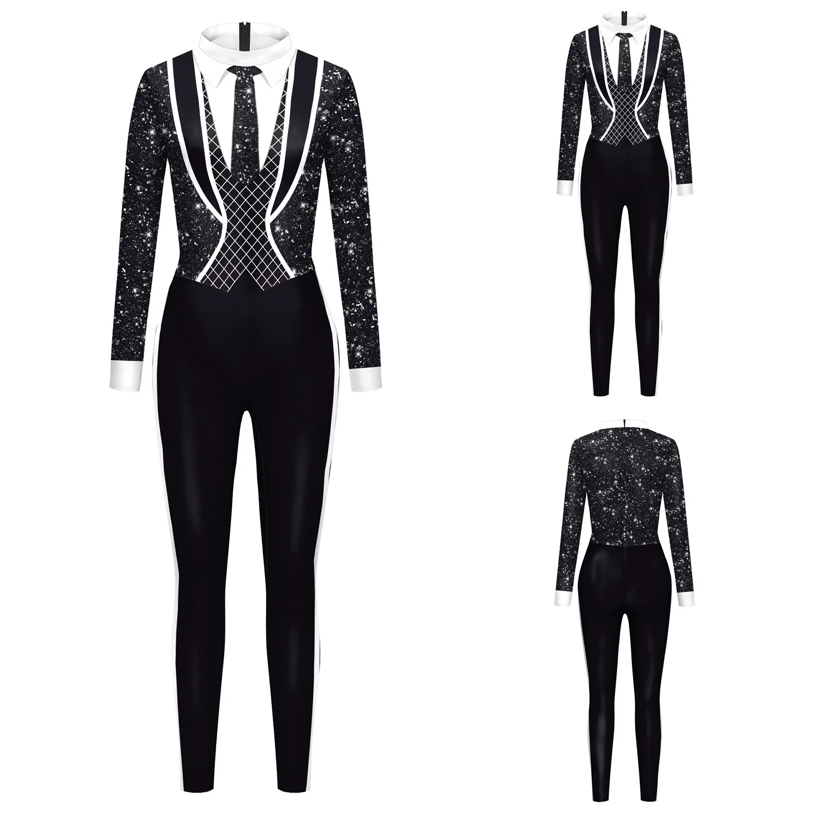 

Halloween Women 3D Digital Printing Jumpsuit Stand Collar Long Sleeve Back Zipper Slim Bodysuit Rompers for Themed Cosplay Party