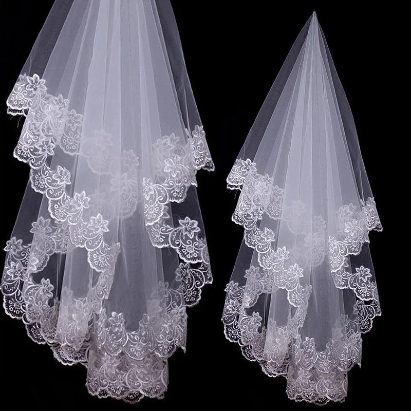 White Wedding Veils Short One Layer Bridal Appliques Lace Edge No Comb Accessories