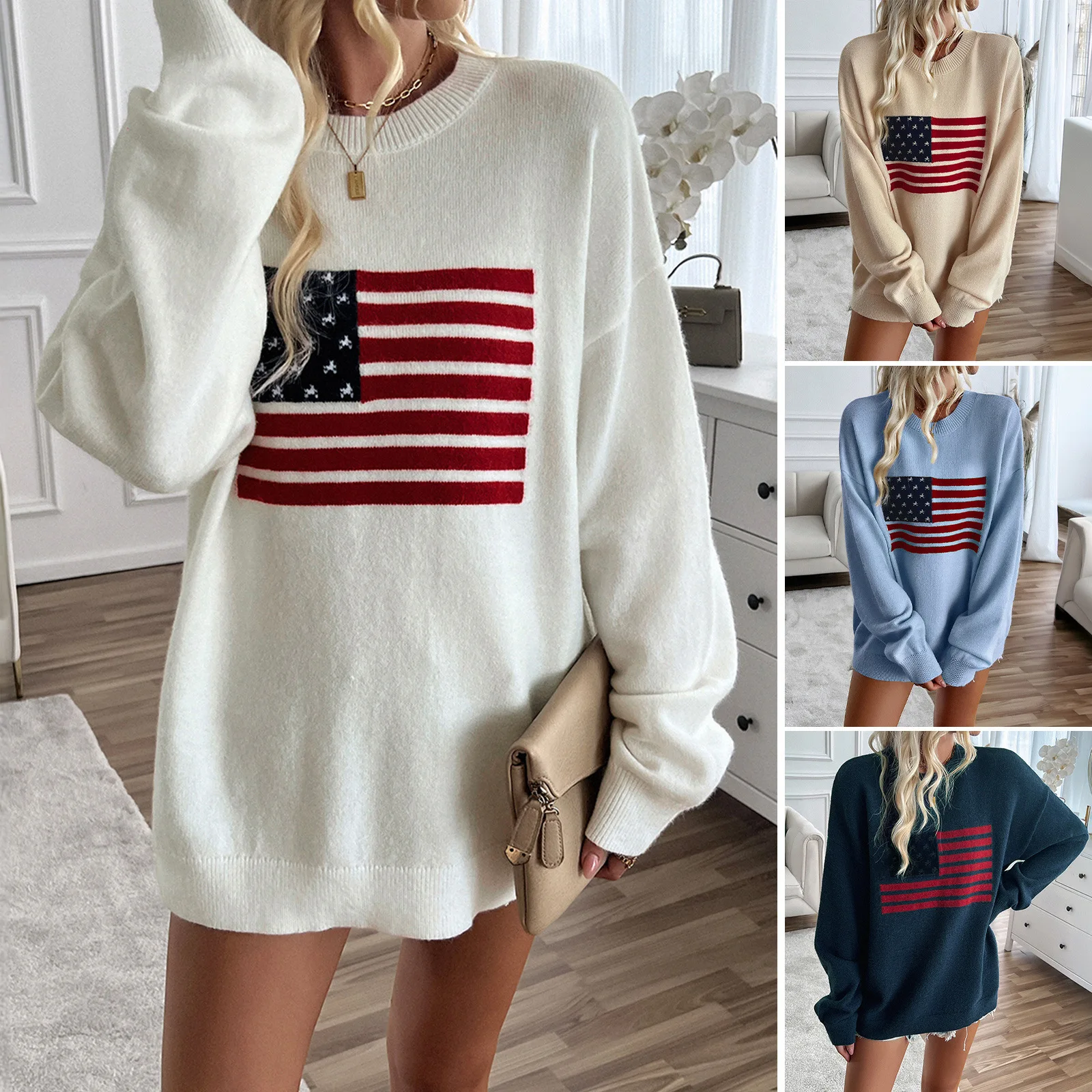 2025 Autumn American Flag Top Women's Casual Loose Long Sleeve Sweater Independence Day Gift M