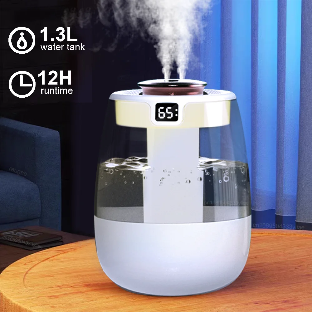 1.3L Air Humidifier Large Capacity Home Humidifier Mist Maker Aroma Diffuser USB Desktop Two Port Spray Humidifier with Light