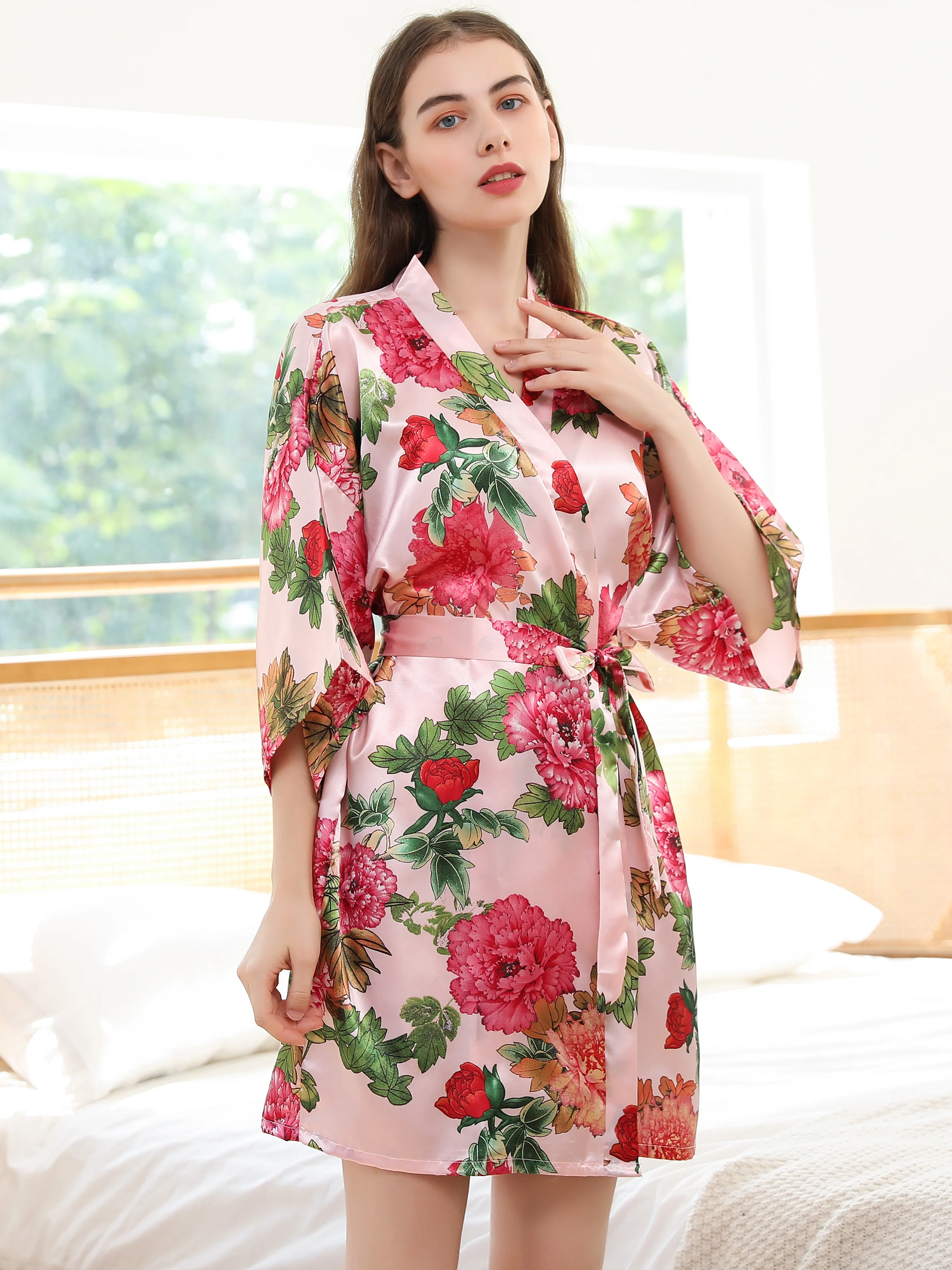 Flora Printed Belt Satin Robe, Bathrobe, Dressing robe, Suit for Home,Vacation,Party