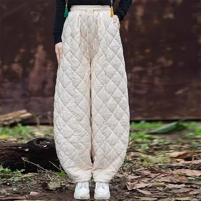 

Ramie Retro Cotton Lantern Pants Women's 2024 Winter New Thick Warm High Waisted Casual Quilted Trousers A510