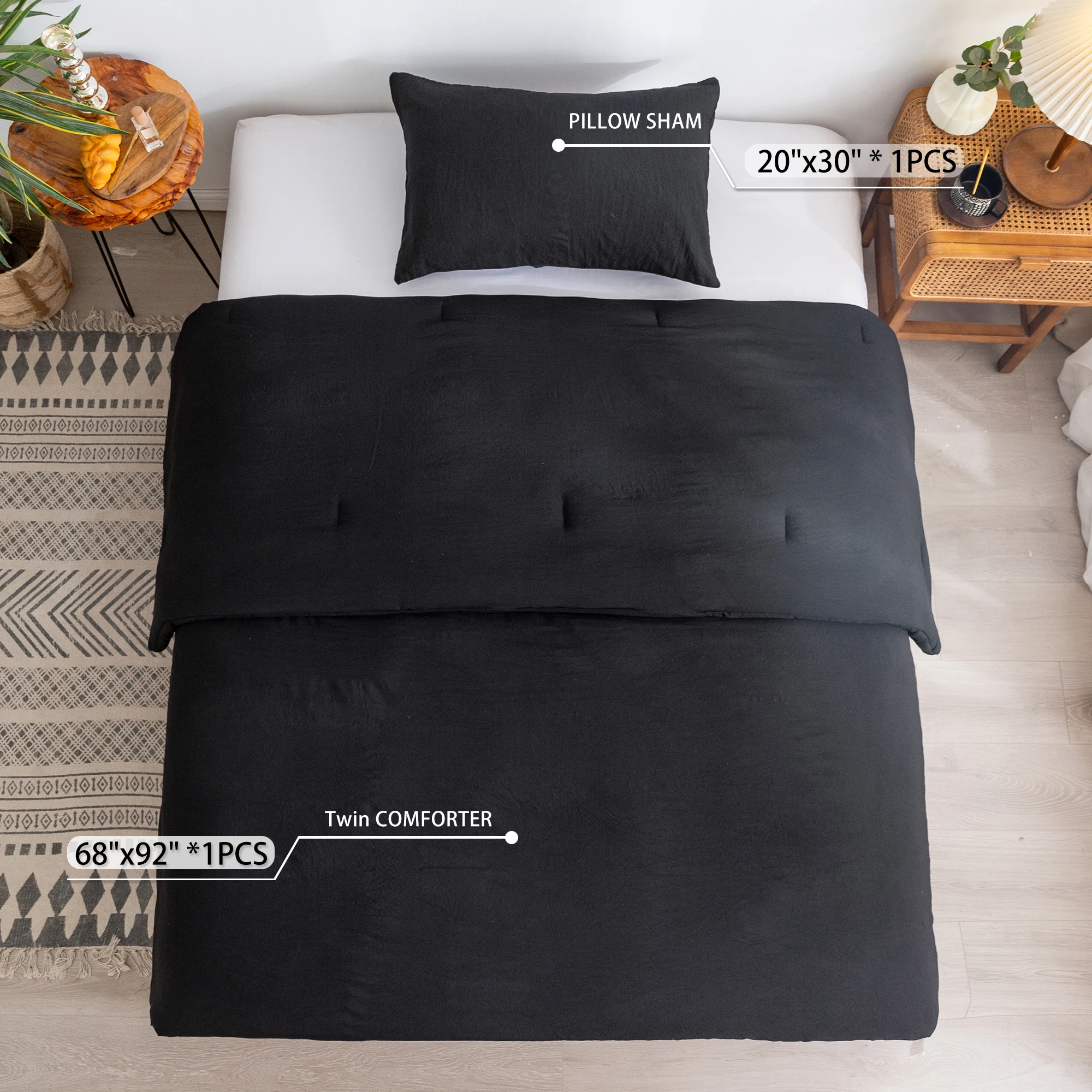 The 172cm*234cm is 68inch *92inch,fitted for your Twin/Twin XL Size Bed.Black poly cotton Bedding Sets for All Season.