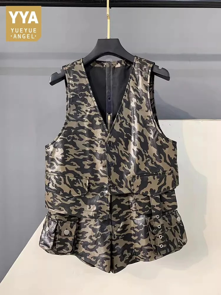 

New Fashion Women Casual Camouflage Printed Sheepskin Genuine Leather Vest Top V Neck Sleeveless Jacket Streetwear Waistcoat 3XL