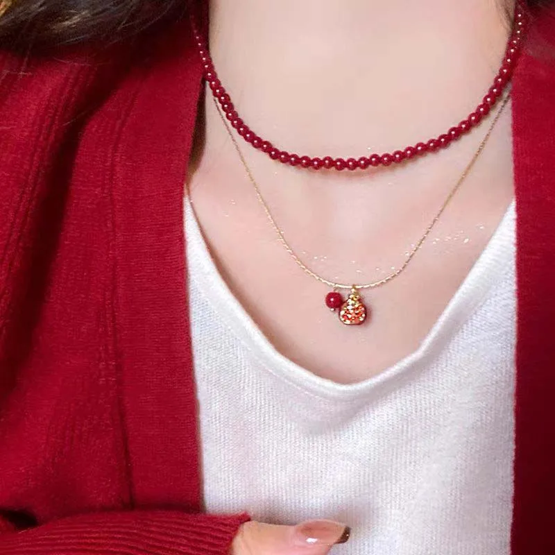 Vintage Double Layered Red Beads Necklaces for Women Sweet Cute Crystal Pomegranate Pendant Necklaces Aesthetic Jewelry Jewelry