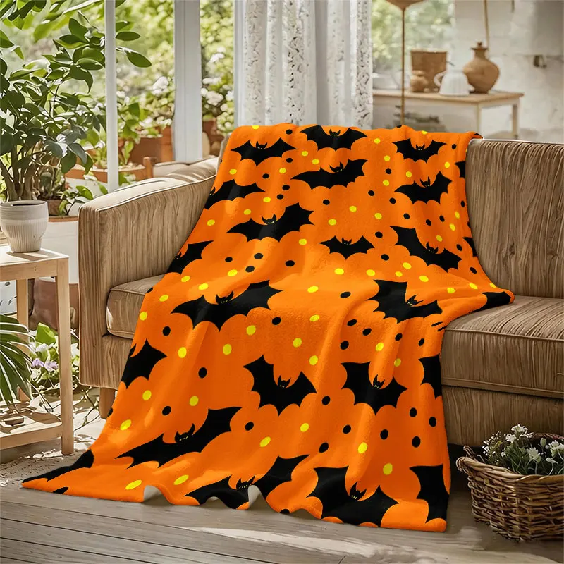 H-Halloween Bat Pattern Flannel Blanket Warm Soft Halloween Christmas Decorative Couch Warm Cozy All-Season Gift